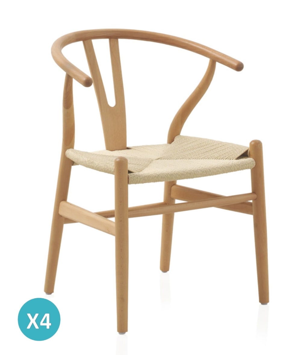 GEESE HOME 4er-Set Sessel aus Buchenholz mit geflochtener Sitzfläche Braun
