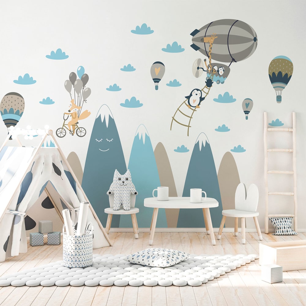 Stickers+enfant+montagnes+scandinaves+animaux+en+voyage+100+x+150+cm