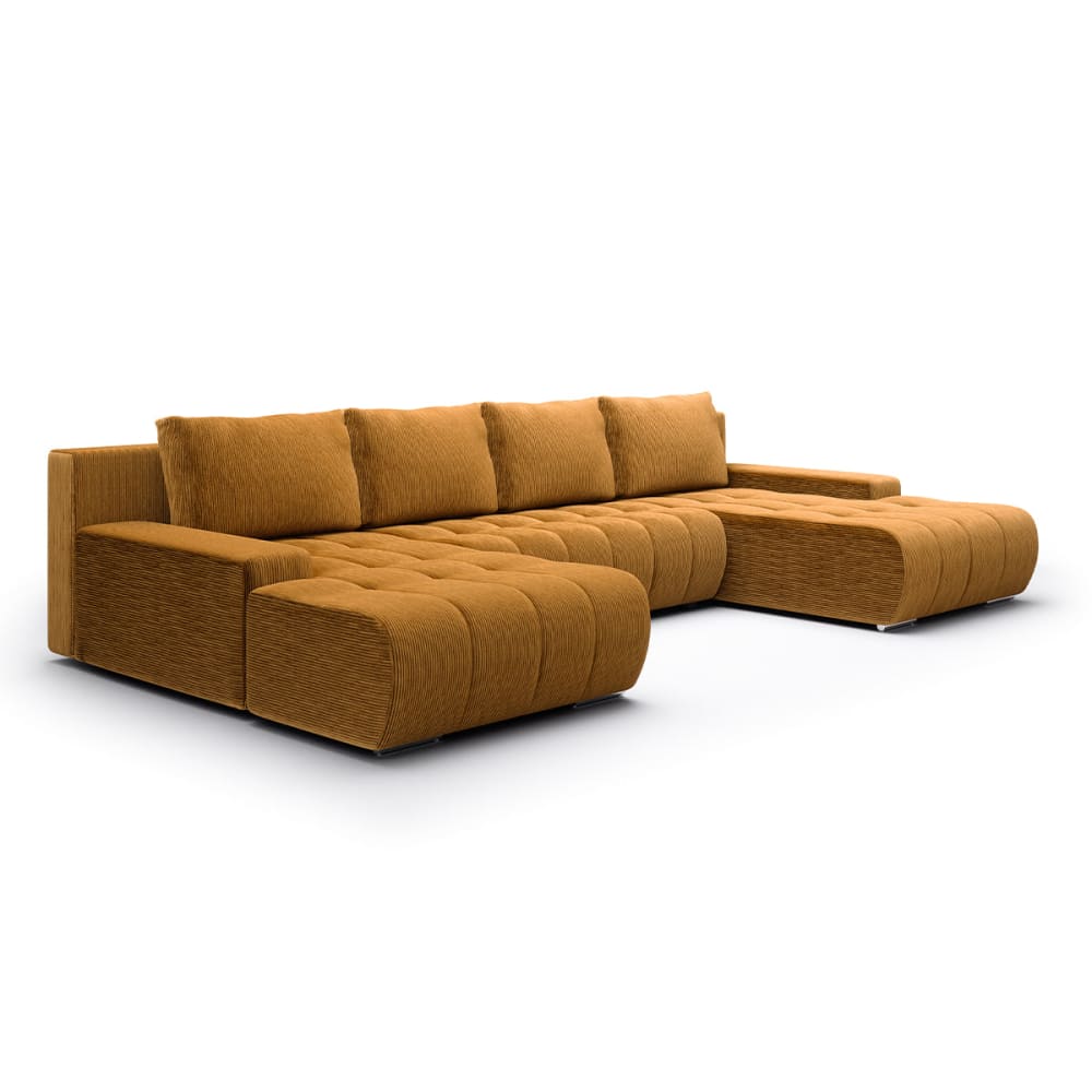 Canapé u 5 places convertible coffre bois de pin et tissus velours