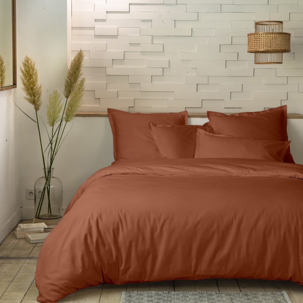 Parure housse de couette percale coton terracota 240x220 cm
