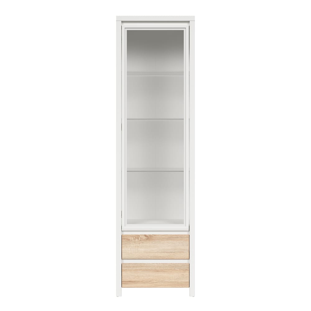 Vitrine 1 porte 2 tiroirs stratifiés beige et blanc