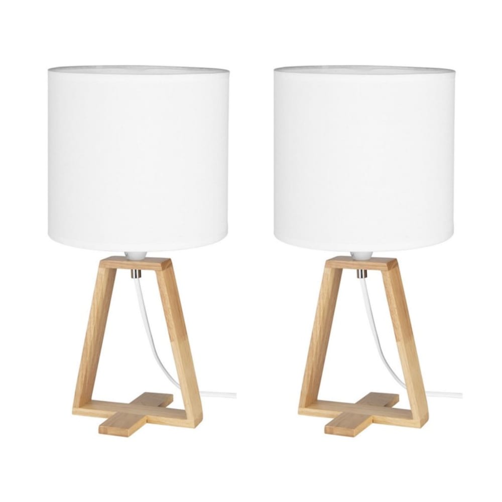 Lampe de Table (2 uds) E27 Style Nordique Bois Naturel Textile Blanc