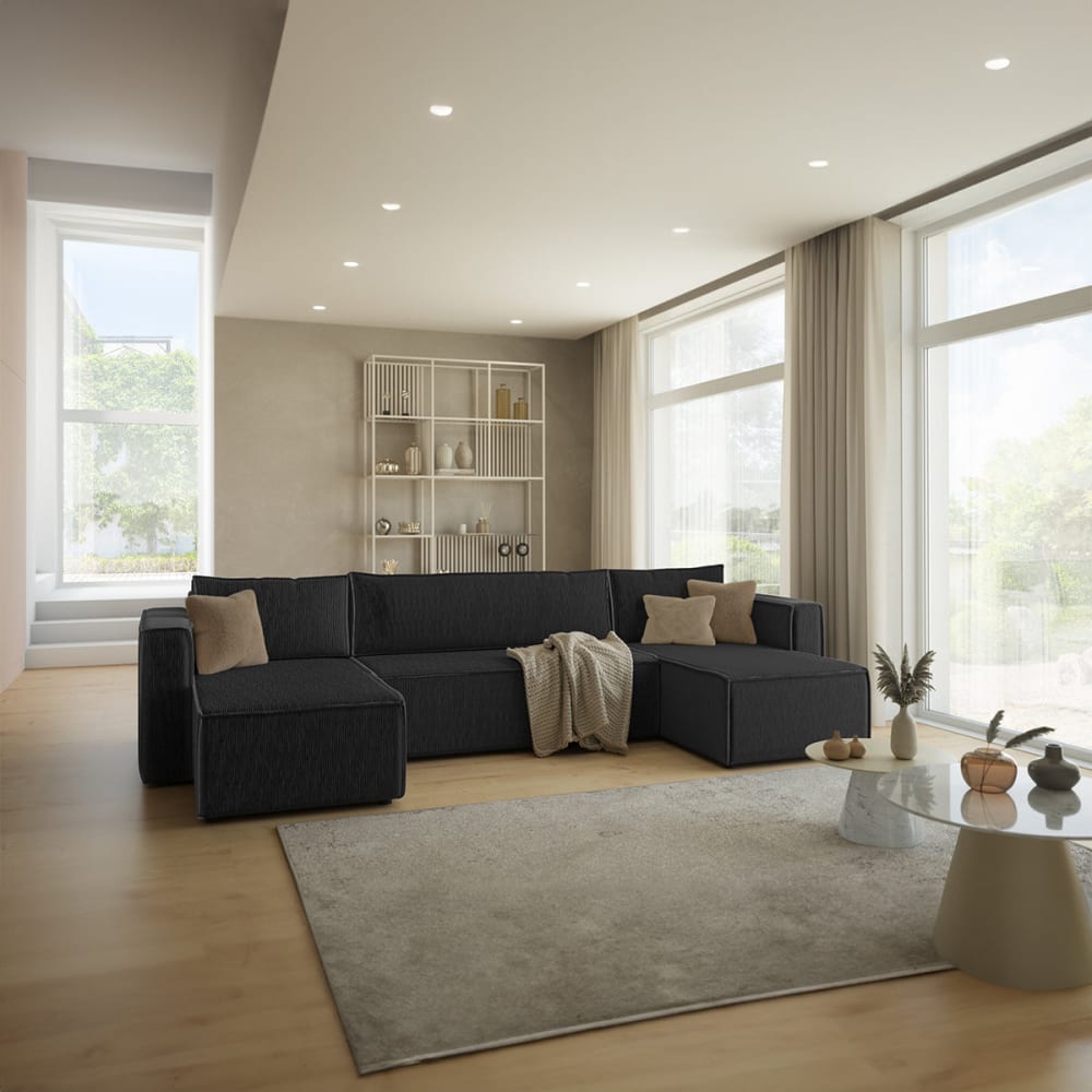 Canapé panoramique 5 places convertible coffre bois de pin noir - Maisons du Monde