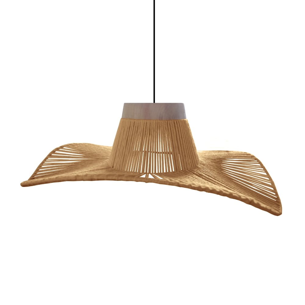 Suspension métal noir et bois naturel abat-jour ficelle naturel