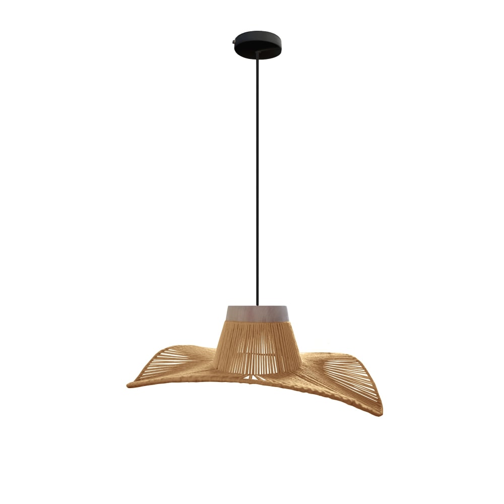 Suspension métal noir et bois naturel abat-jour ficelle naturel