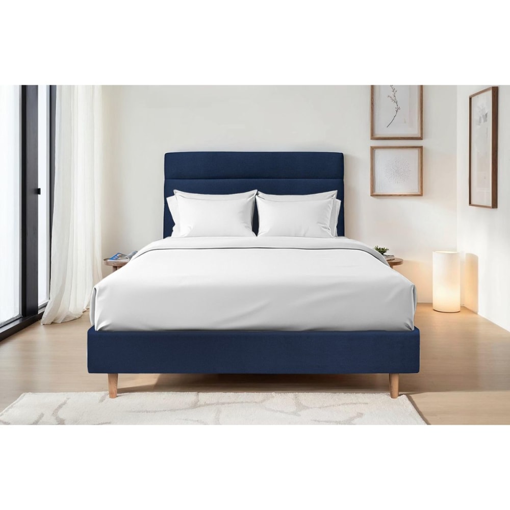Tete de lit lignes velours bleu océan 140x120