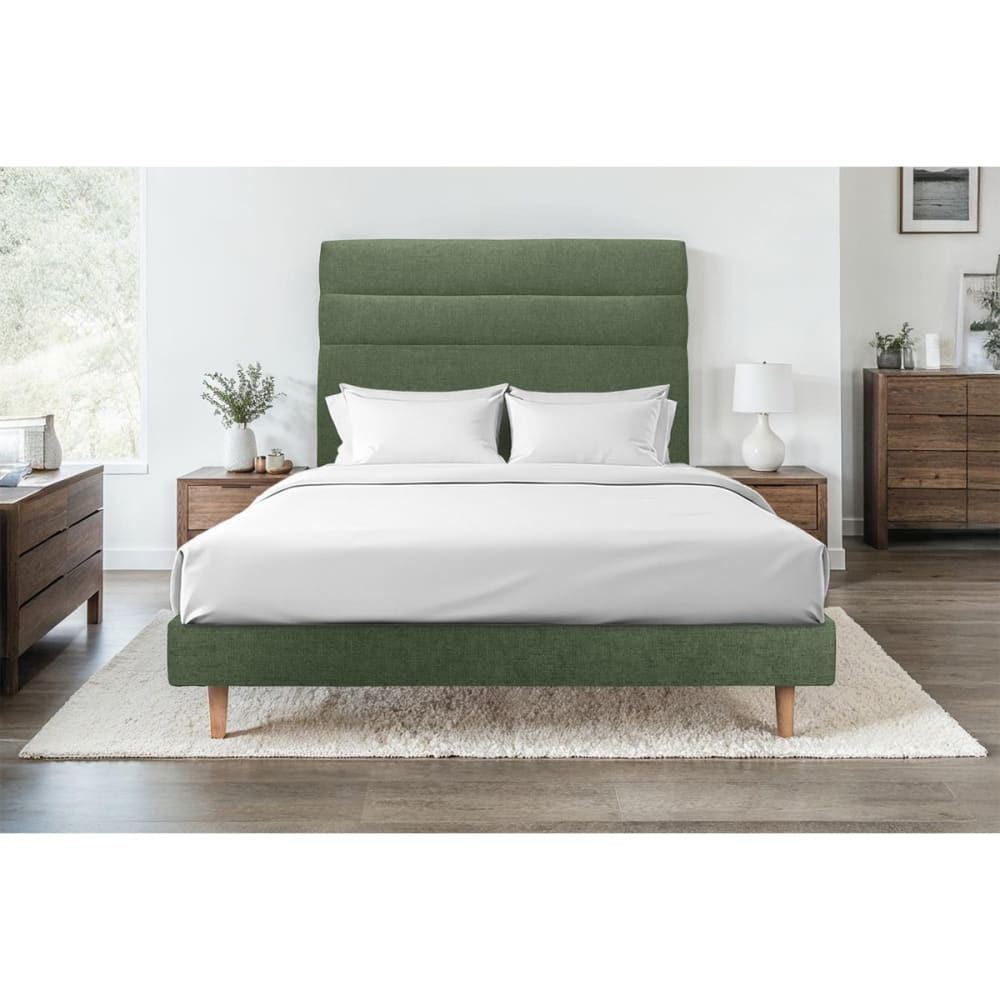 Lit avec tête de lit lignes tissu et sommier kit vert kaki 140x200 - Maisons du Monde