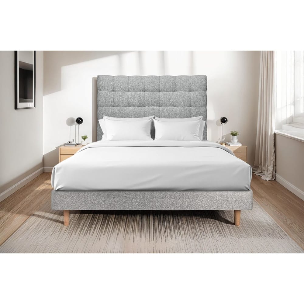 Lit avec tête de lit capitonnée et sommier kit gris 140x190 - Maisons du Monde