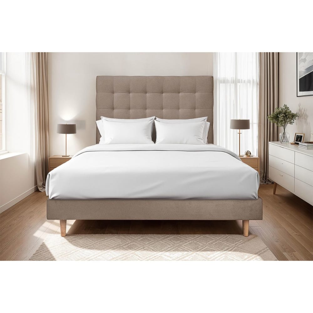 Lit avec tête de lit capitonnée velours et sommier kit taupe 200x200 - Maisons du Monde