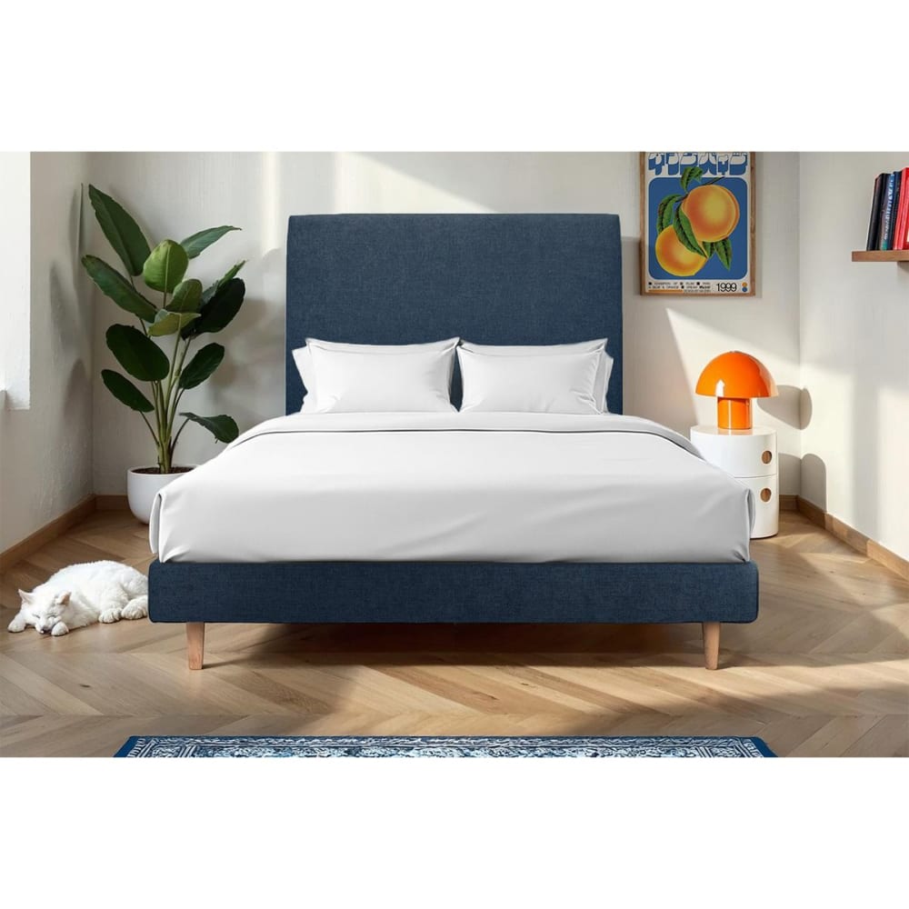 Lit avec tête de lit tapissier tissu et sommier kit bleu océan 180x20 - Maisons du Monde