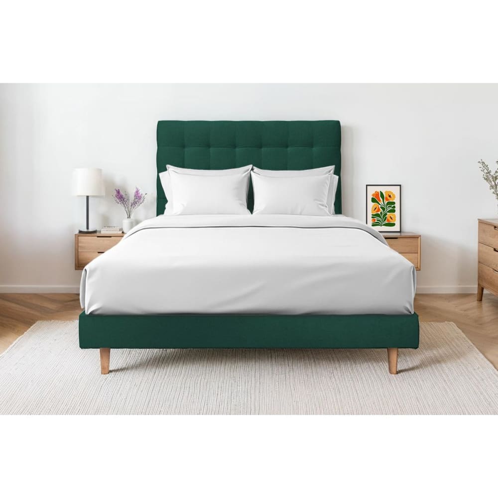 Lit avec tête de lit capitonnée velours et sommier kit vert 160x200 - Maisons du Monde