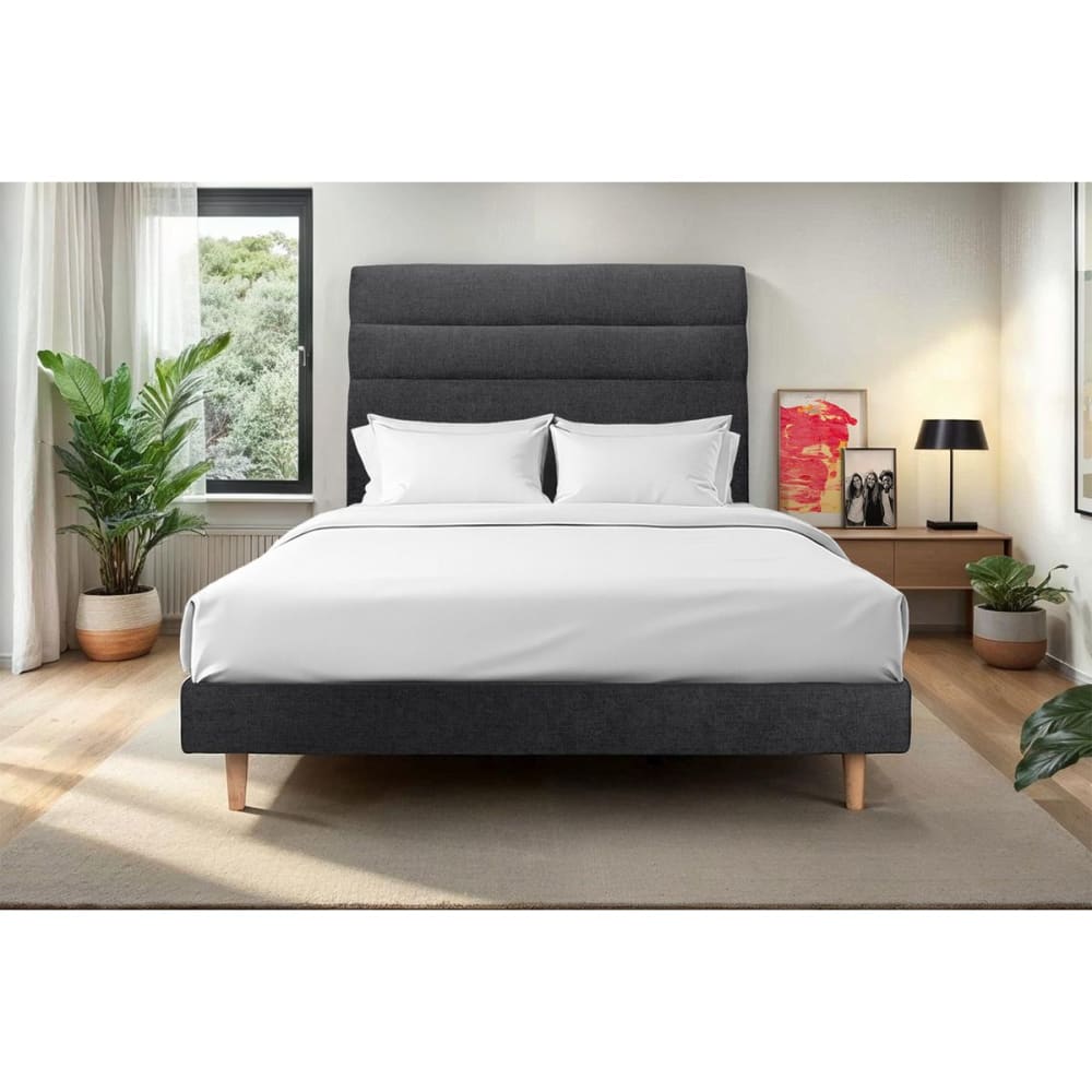 Lit avec tête de lit lignes tissu et sommier kit noir 160x200 - Maisons du Monde