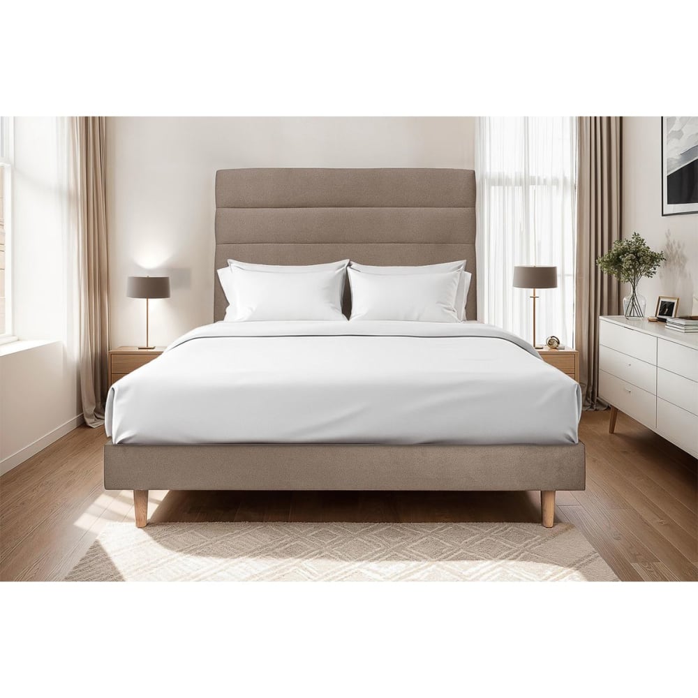 Lit avec tête de lit lignes velours et sommier kit taupe 200x200 - Maisons du Monde