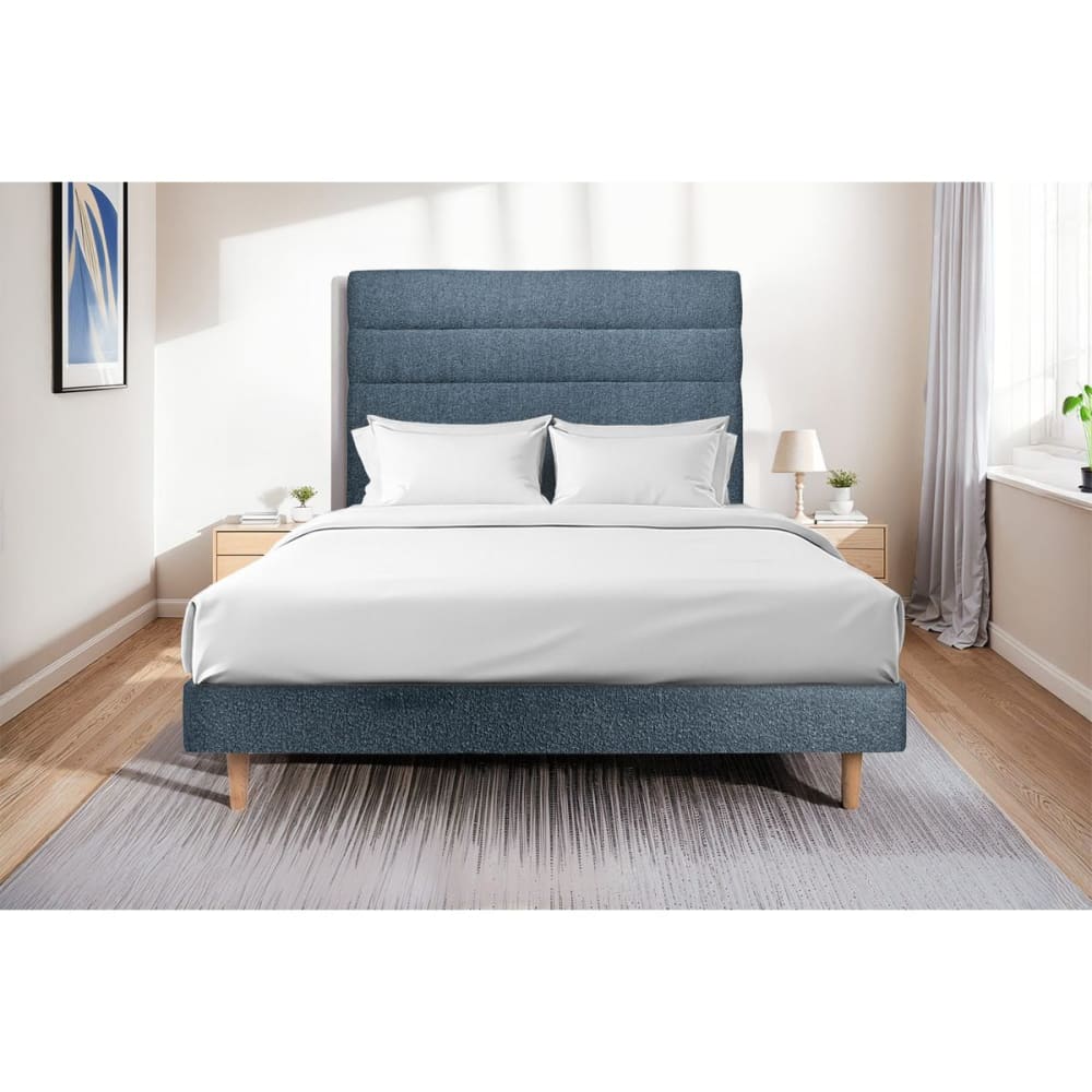 Lit avec tête de lit lignes bouclette et sommier kit bleu 140x190 - Maisons du Monde