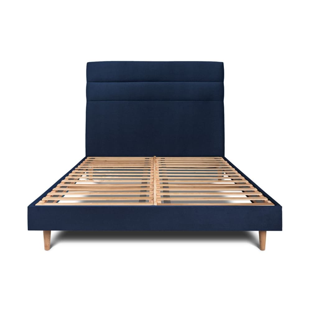 Lit avec tête de lit lignes velours et sommier kit  Bleu océan 180x200