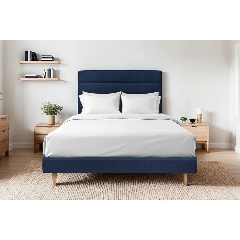 Lit avec tête de lit lignes velours et sommier kit bleu océan 180x200 - Maisons du Monde