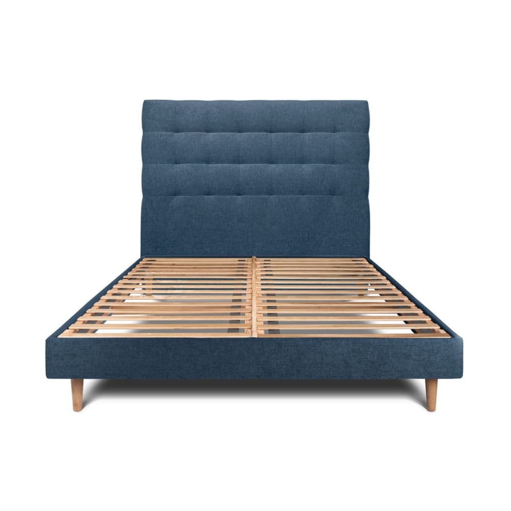 Lit avec tête de lit capitonnée tissu et sommier kit  Bleu océan 180x2