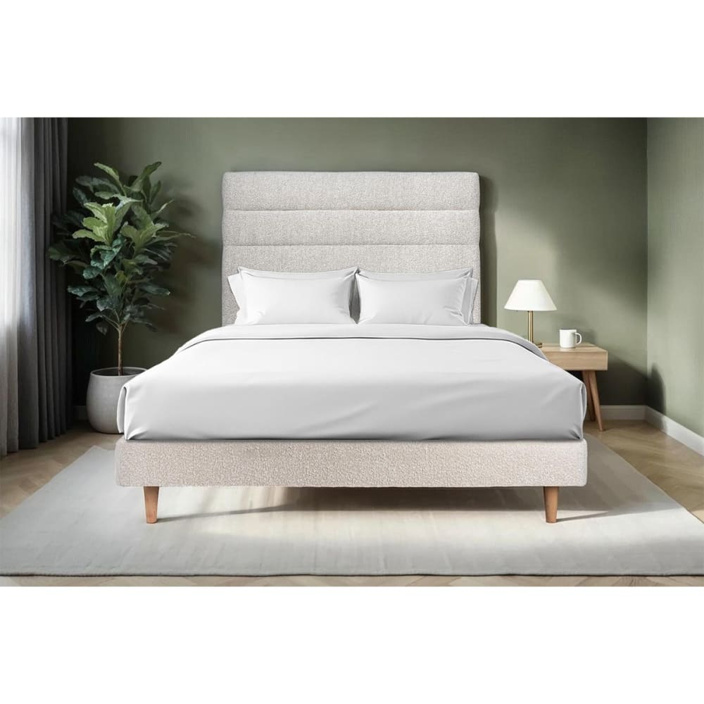 Lit avec tête de lit lignes bouclette et sommier kit beige clair 180x - Maisons du Monde