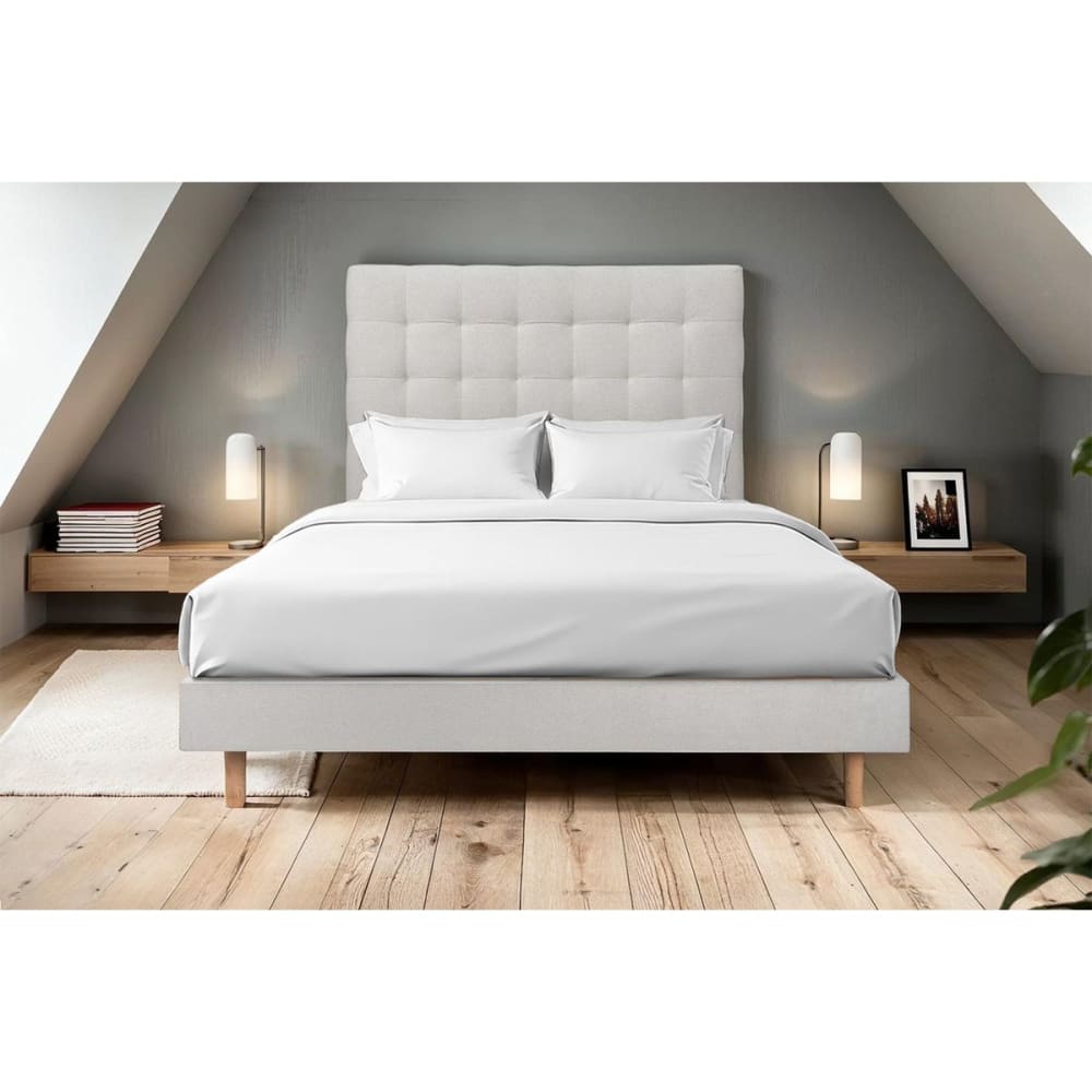 Lit avec tête de lit capitonnée velours et sommier kit gris clair 160 - Maisons du Monde