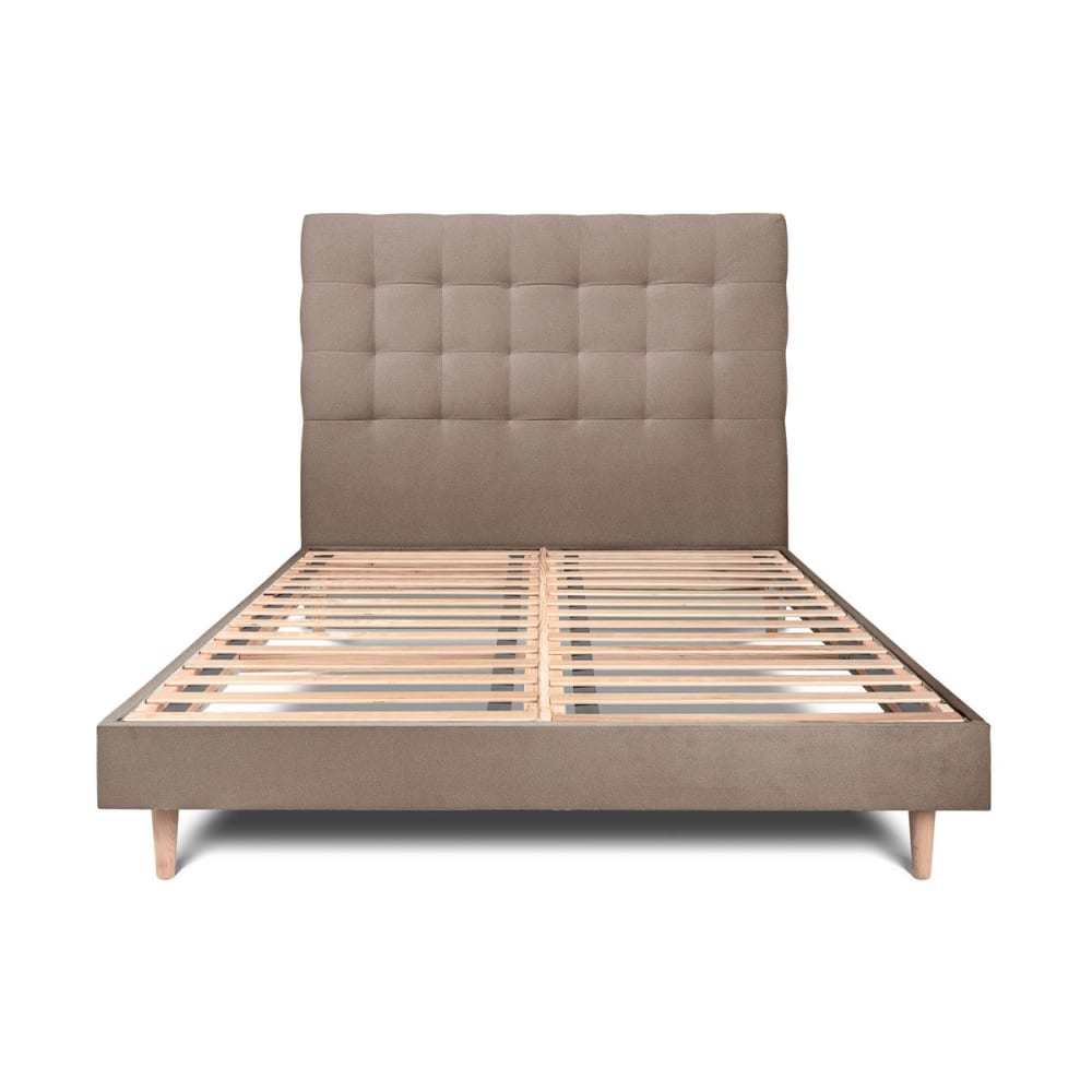 Lit avec tête de lit capitonnée velours et sommier kit  Taupe 140x190