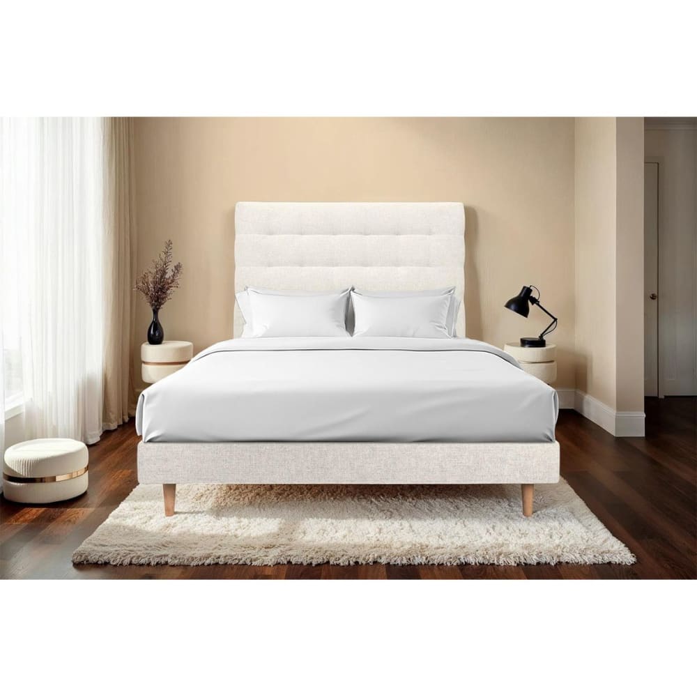 Lit avec tête de lit capitonnée tissu et sommier kit beige clair 200x - Maisons du Monde