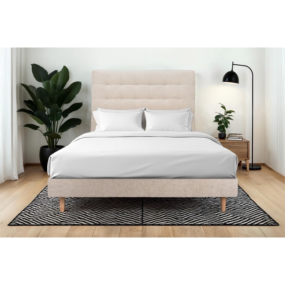 Lit avec tête de lit capitonnée tissu et sommier kit beige brun 160x2 - Maisons du Monde