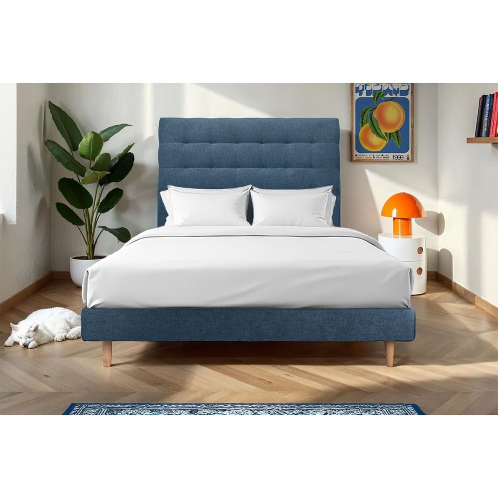 Lit avec tête de lit capitonnée tissu et sommier kit bleu océan 140x1 - Maisons du Monde