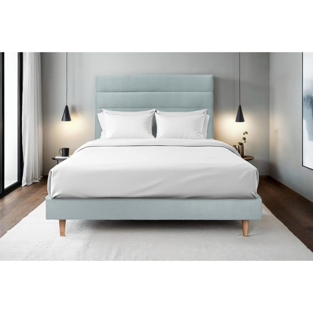 Lit avec tête de lit lignes velours et sommier kit gris bleuté 200x20 - Maisons du Monde