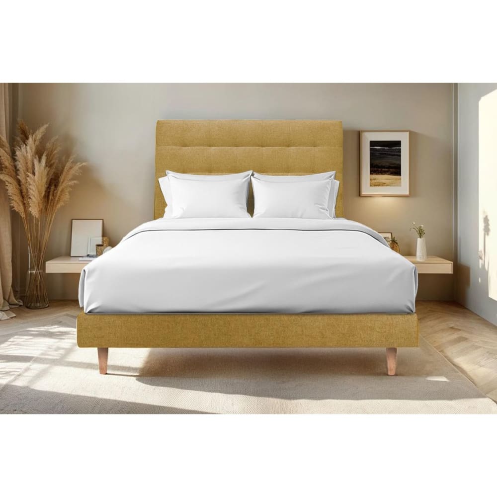 Lit avec tête de lit capitonnée tissu et sommier kit jaune 200x200 - Maisons du Monde