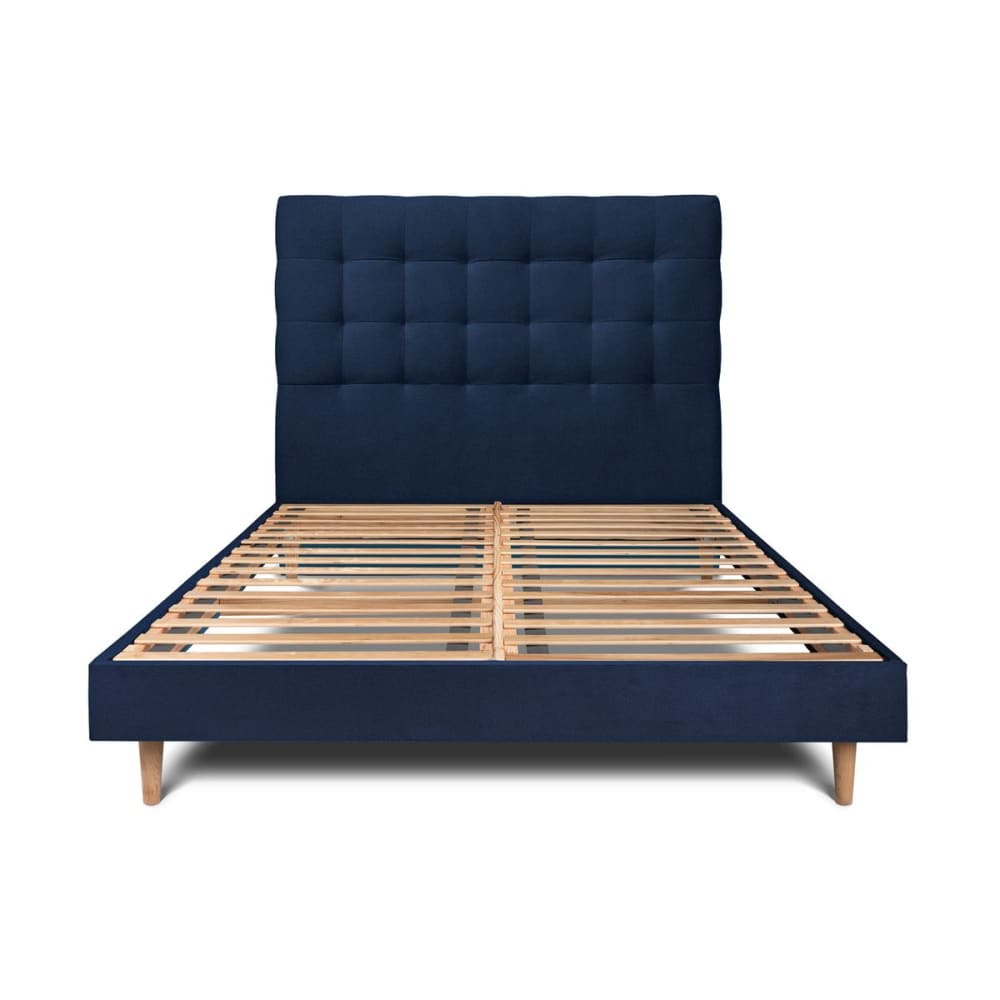 Lit avec tête de lit capitonnée velours et sommier kit  Bleu océan 160