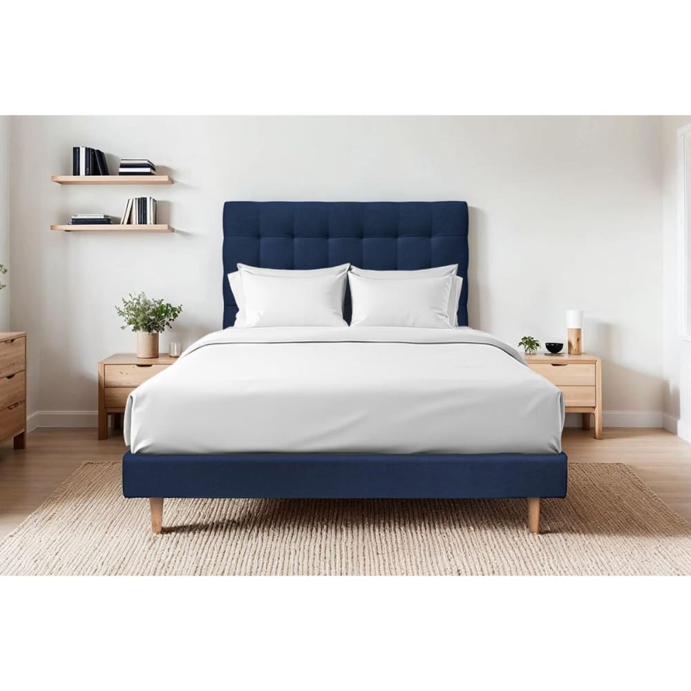 Lit avec tête de lit capitonnée velours et sommier kit bleu océan 160 - Maisons du Monde