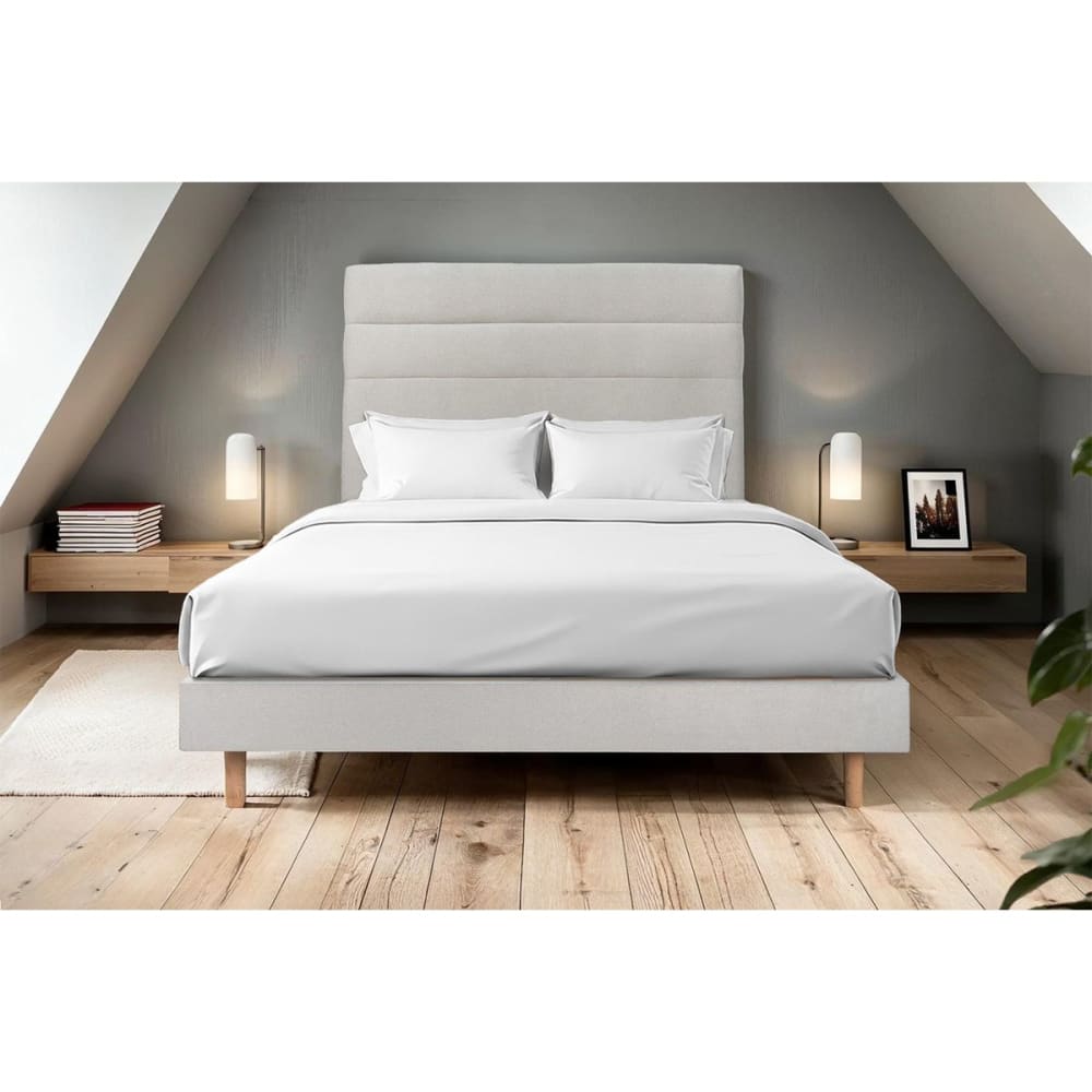 Lit avec tête de lit lignes velours et sommier kit gris clair 140x200 - Maisons du Monde