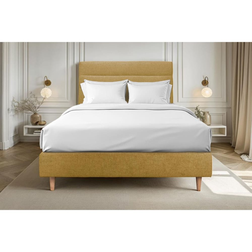 Lit avec tête de lit lignes tissu et sommier tapissier  jaune 160x200