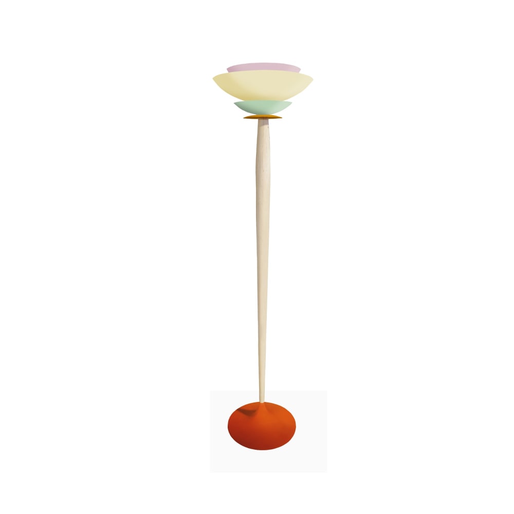 Lampadaire bois naturel métal orange abat-jour multicolore