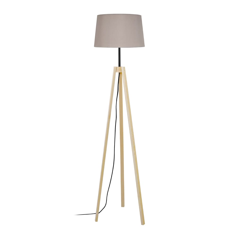 Lampadaire trepied bois naturel abat-jour tissu taupe
