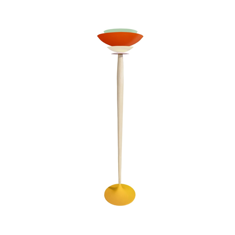 lampara de pie columna madera metal amarillo pantalla orange