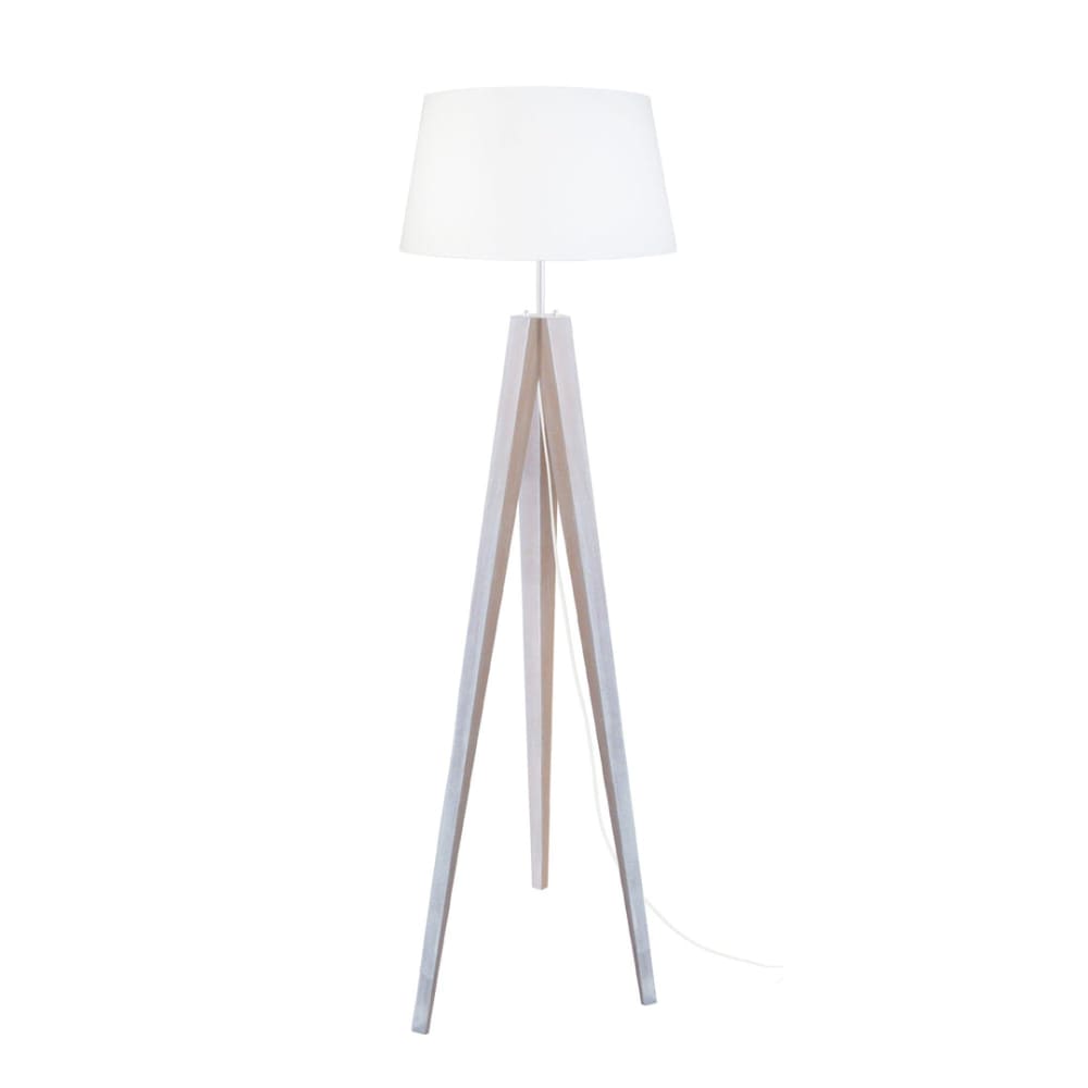 Lampadaire trepied  bois blanc abat-jour  tissu blanc