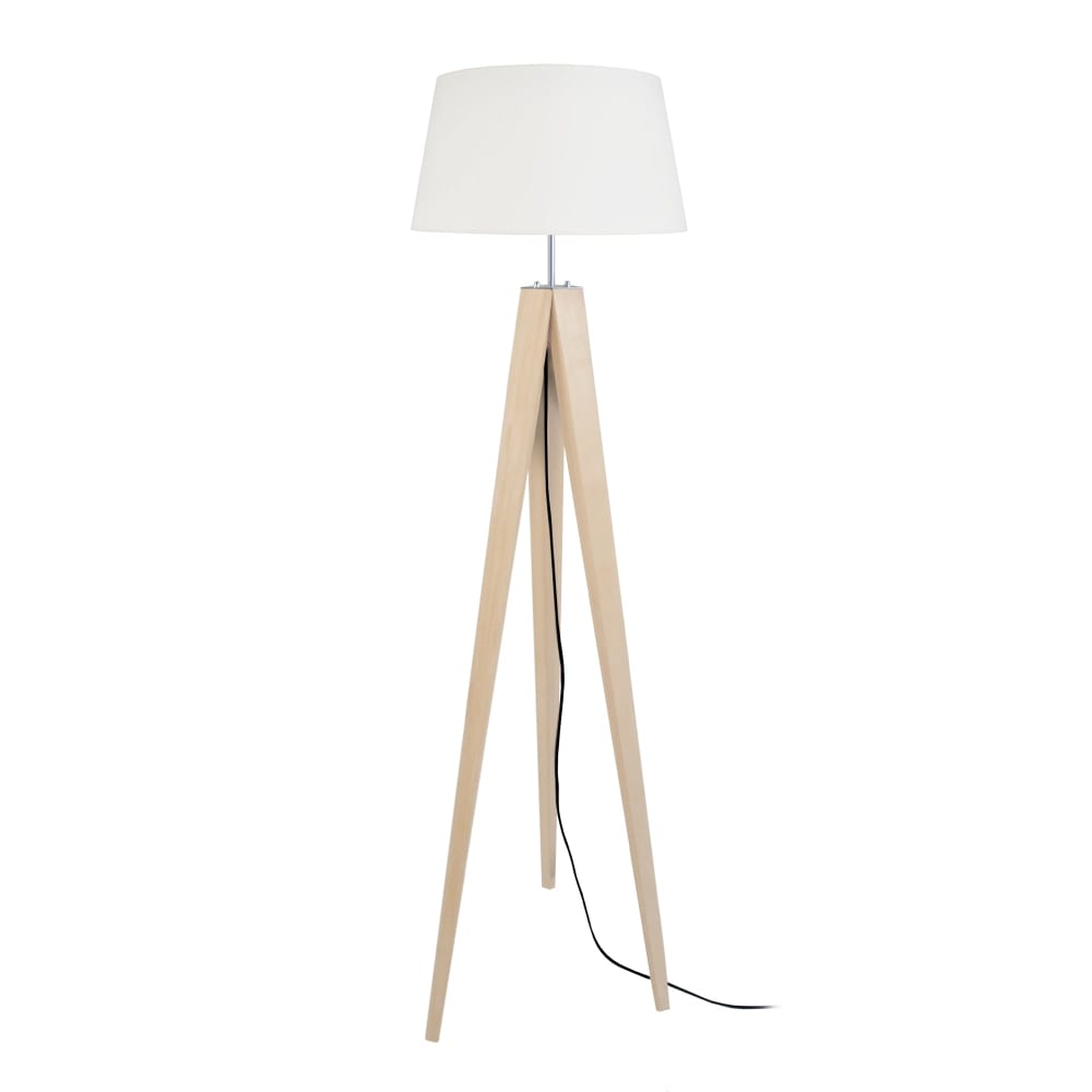 lampara de pie tripode madera natural metal pantalla crudo