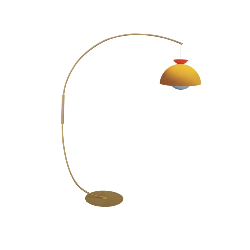 Lampadaire métal jaune pastel bois naturel abat-jour multicolore