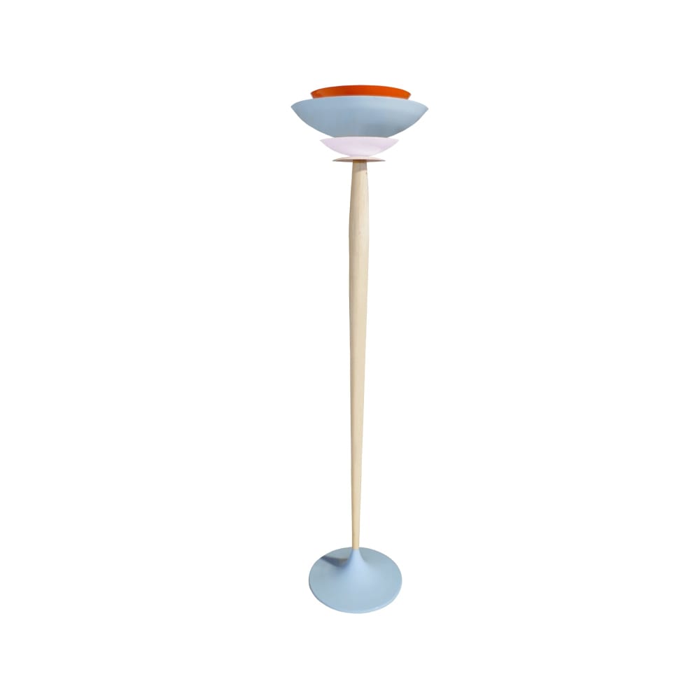 Lampadaire bois naturel métal bleu abat-jour multicolore