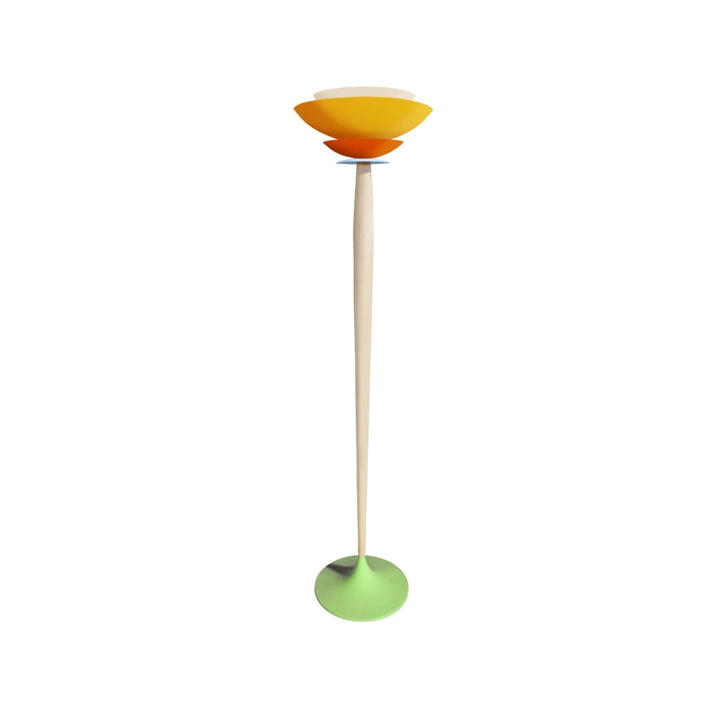 Lampadaire bois naturel métal vert abat-jour multicolore