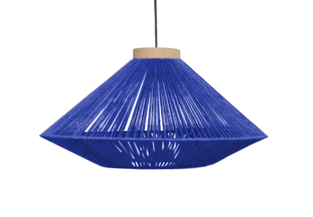 Lampadaire métal noir bois naturel abat-jour fibre bleu — vue 4