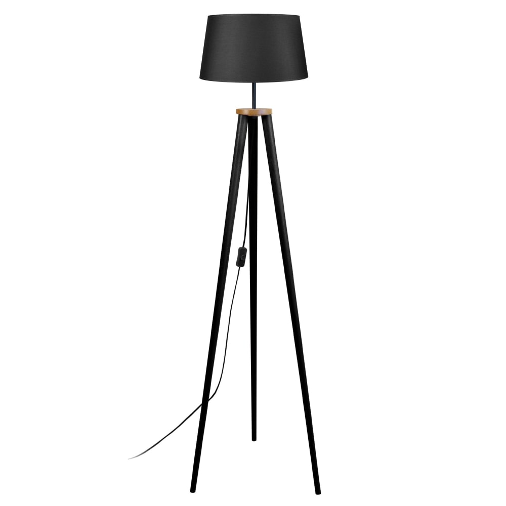 Lampadaire bois noir métal abat-jour tissu noir