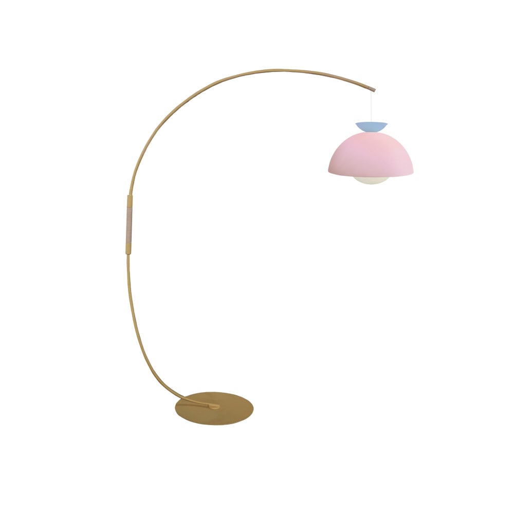Lampadaire métal jaune pastel bois naturel abat-jour multicolore