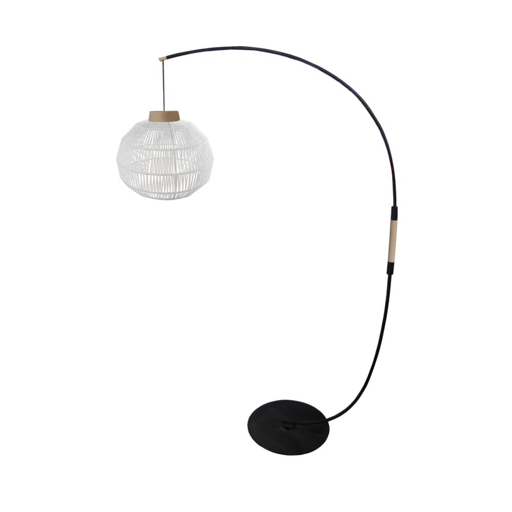 Lampadaire métal noir bois naturel abat-jour fibre  blanc