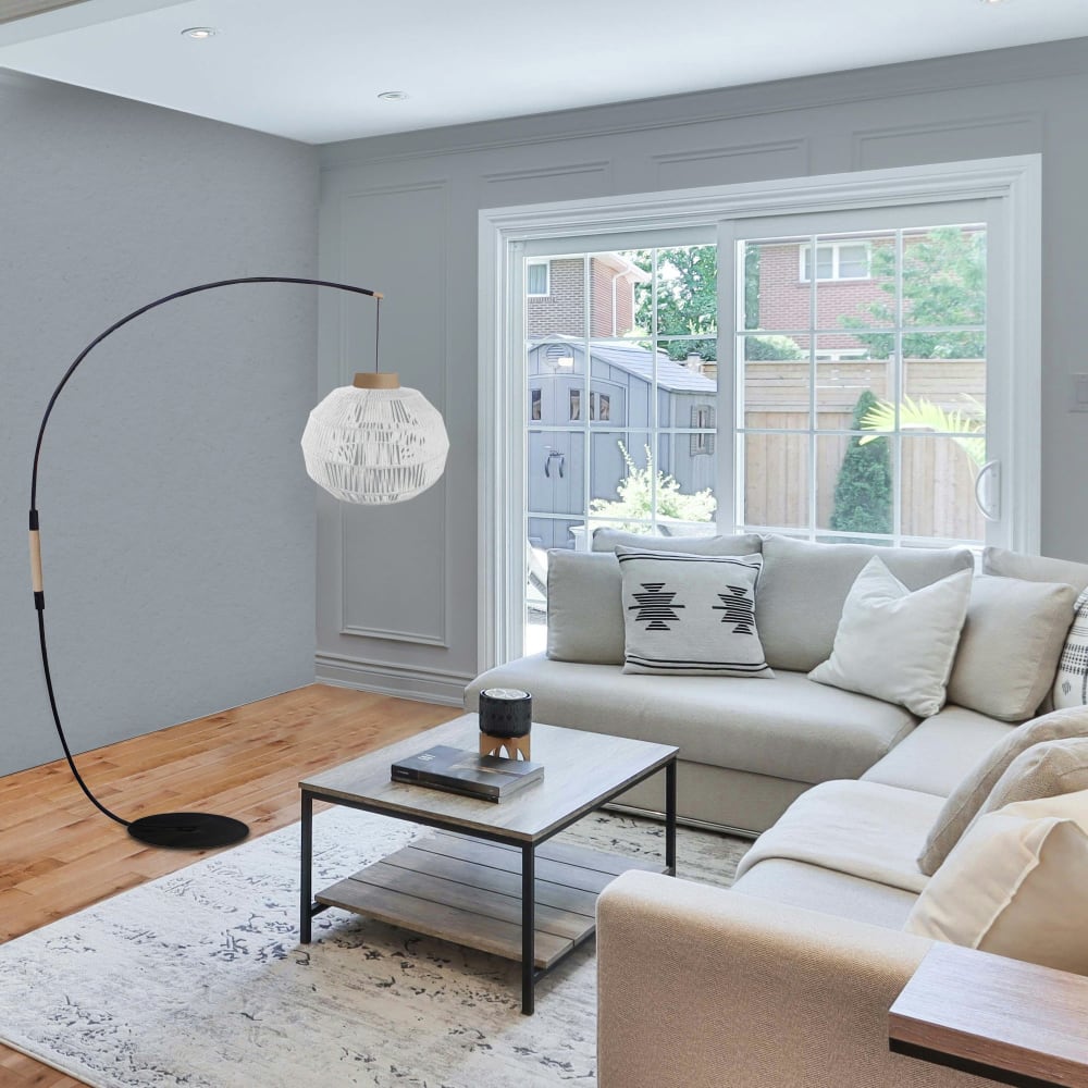 Lampadaire métal noir bois naturel abat-jour fibre  blanc - Maisons du Monde