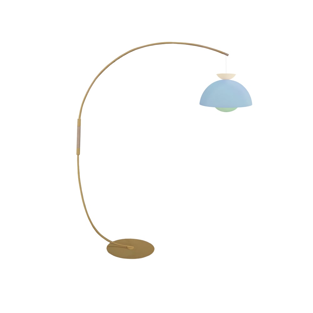 Lampadaire métal jaune pastel bois naturel abat-jour multicolore