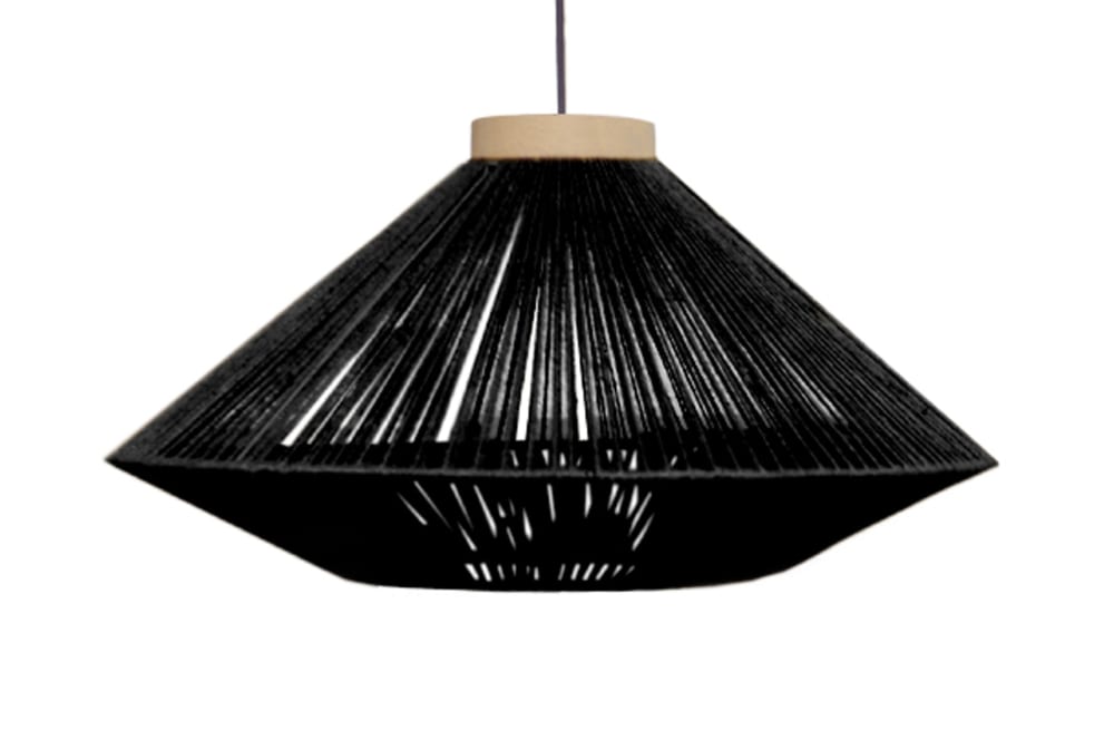 Lampadaire métal noir bois naturel abat-jour fibre noir — vue 4