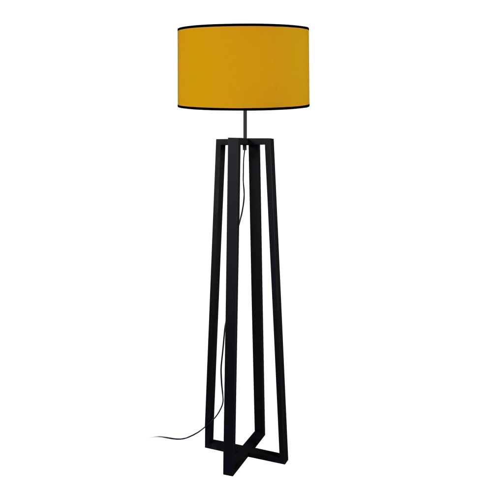 Lampadaire bois noir abat-jour tissu jaune moutarde