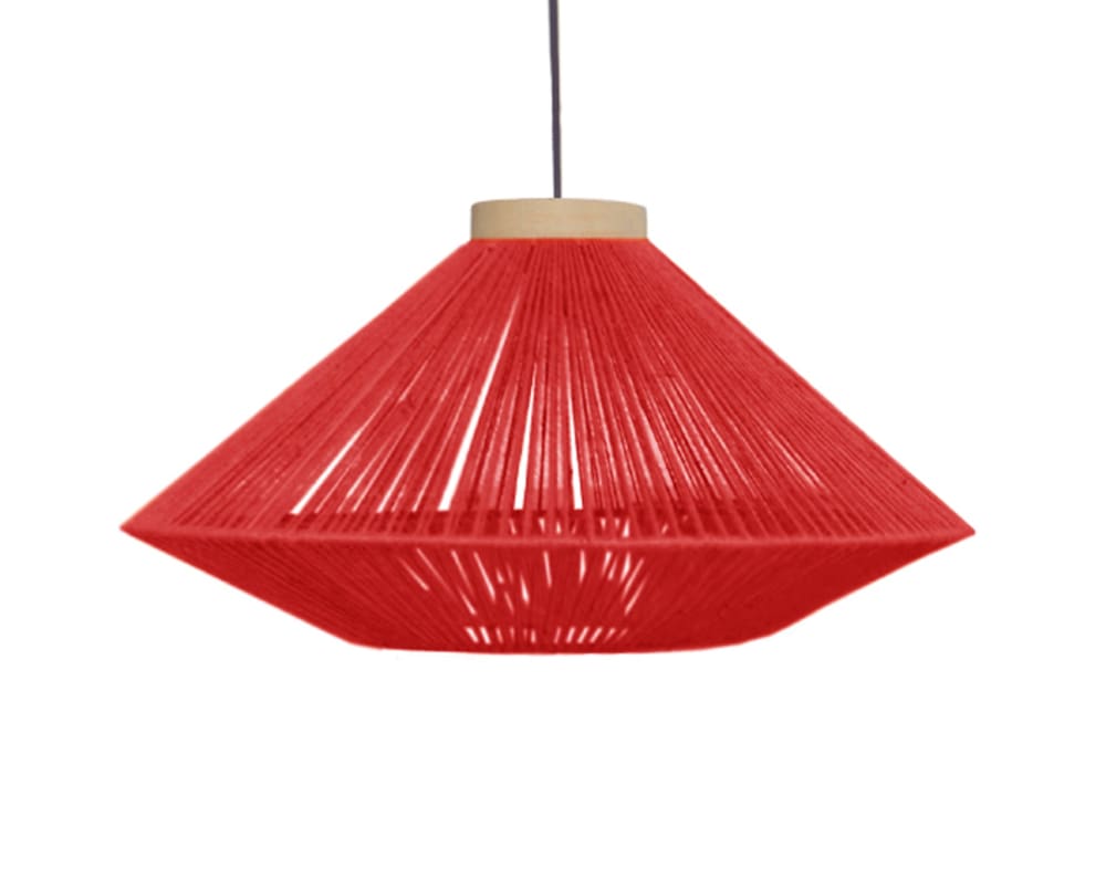 Lampadaire métal noir bois naturel abat-jour fibre rouge — vue 4